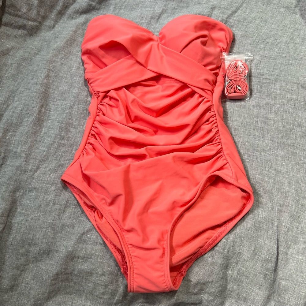 Lands' End Ruched Strapless One Piece Swimsuit Coral Orange XS 2-4 Slimming